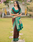 Coffee Soft Ikkal Silk Zari Woven Kolam Pattern Saree with Paithani Pallu
