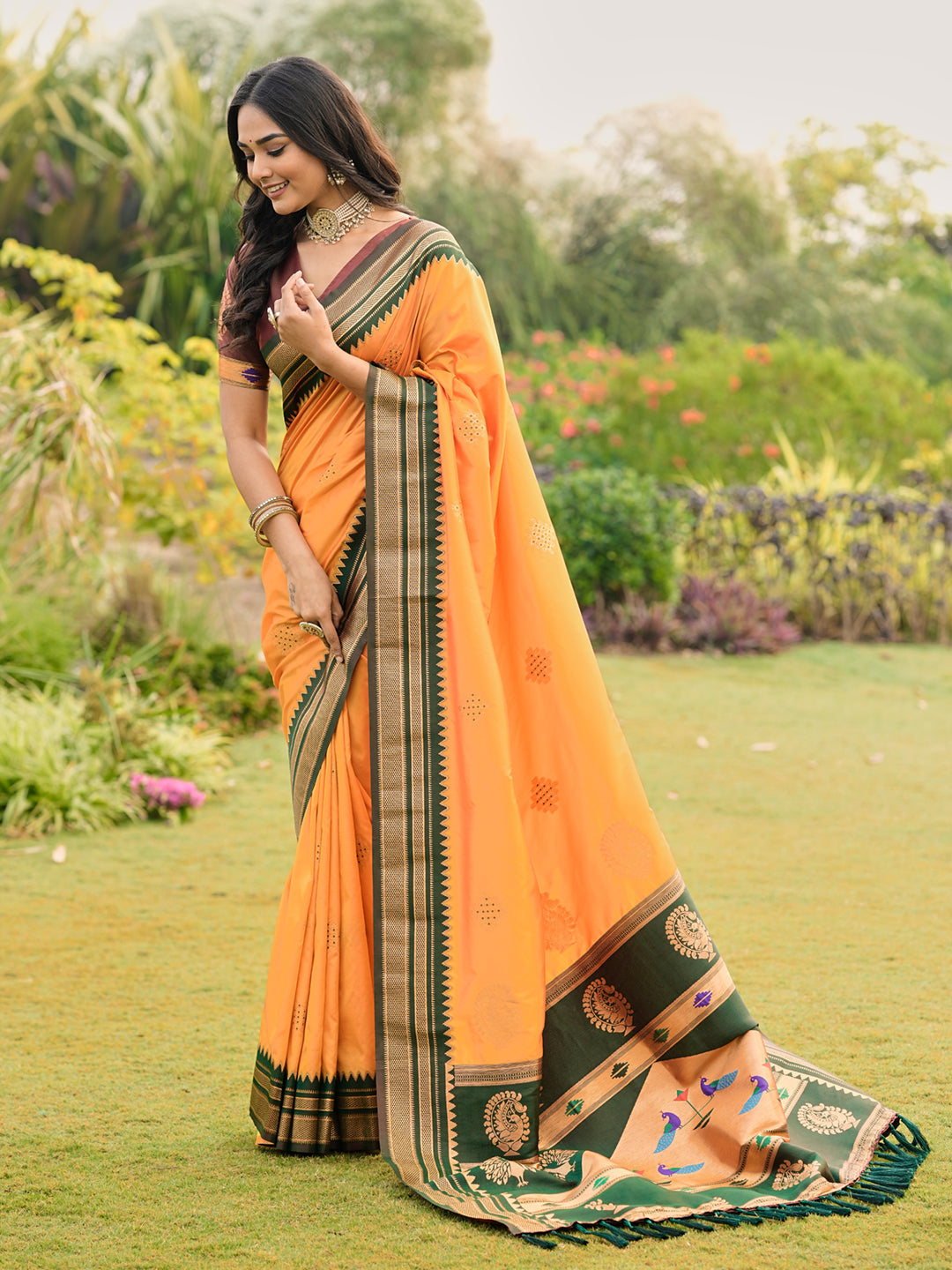 Mustard Yellow Soft Ikkal Silk Zari Woven Kolam Pattern Saree with Paithani Pallu