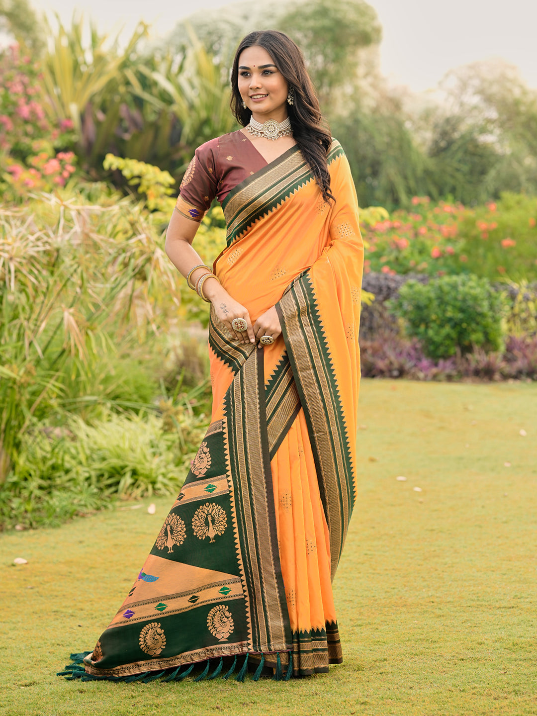 Mustard Yellow Soft Ikkal Silk Zari Woven Kolam Pattern Saree with Paithani Pallu