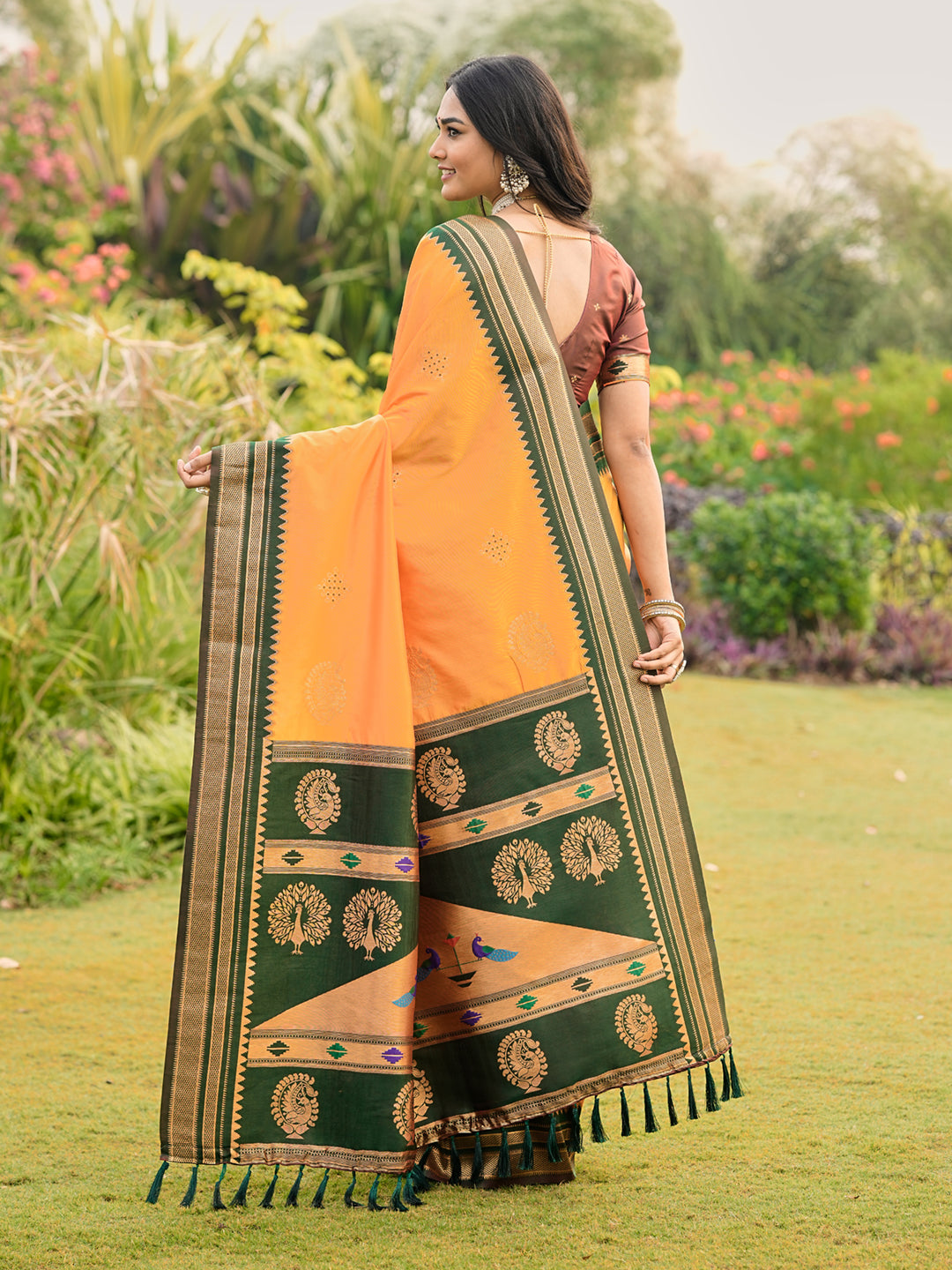 Mustard Yellow Soft Ikkal Silk Zari Woven Kolam Pattern Saree with Paithani Pallu