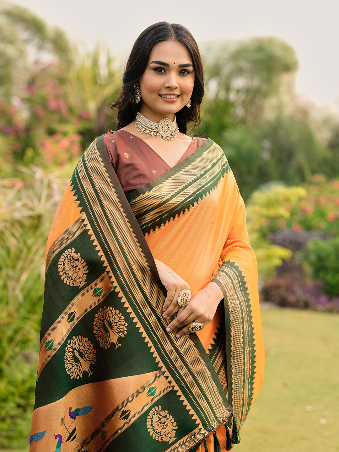 Mustard Yellow Soft Ikkal Silk Zari Woven Kolam Pattern Saree with Paithani Pallu