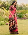 Rani Pink Soft Ikkal Silk Zari Woven Kolam Pattern Saree with Paithani Pallu