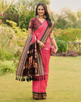 Rani Pink Soft Ikkal Silk Zari Woven Kolam Pattern Saree with Paithani Pallu