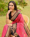 Rani Pink Soft Ikkal Silk Zari Woven Kolam Pattern Saree with Paithani Pallu
