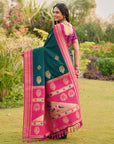 Peacock Blue Soft Ikkal Silk Zari Woven Kolam Pattern Saree with Paithani Pallu
