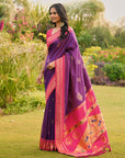 Purple (Red Tone) Soft Ikkal Silk Zari Woven Kolam Pattern Saree with Paithani Pallu