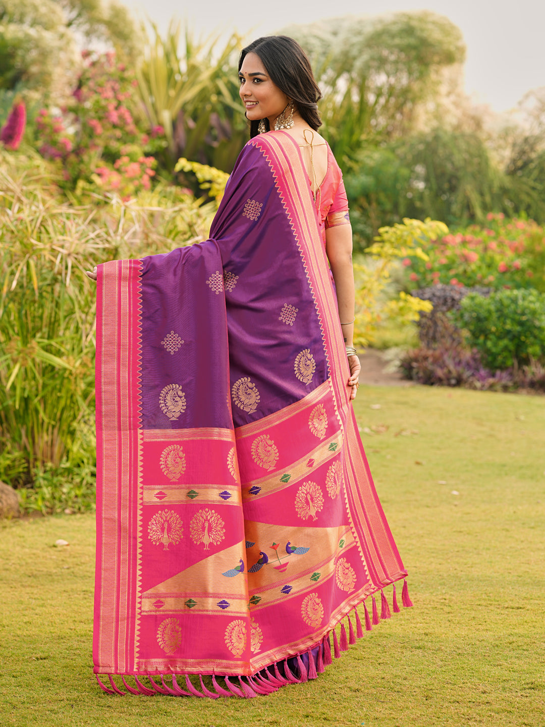 Purple (Red Tone) Soft Ikkal Silk Zari Woven Kolam Pattern Saree with Paithani Pallu