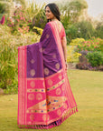 Purple (Red Tone) Soft Ikkal Silk Zari Woven Kolam Pattern Saree with Paithani Pallu