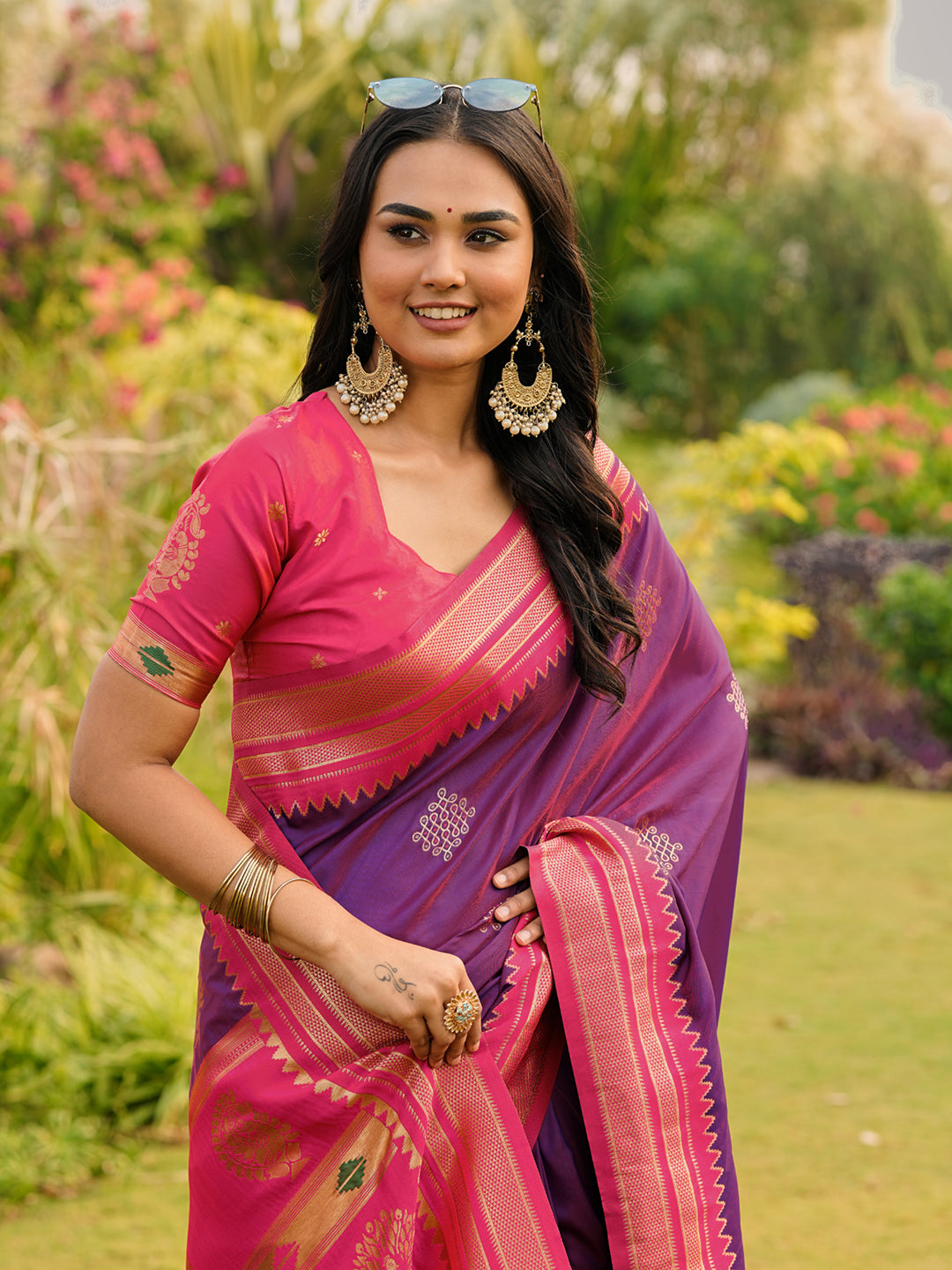 Purple (Red Tone) Soft Ikkal Silk Zari Woven Kolam Pattern Saree with Paithani Pallu
