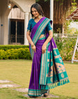 Purple Soft Ikkal Silk Zari Woven Kolam Pattern Saree with Paithani Pallu