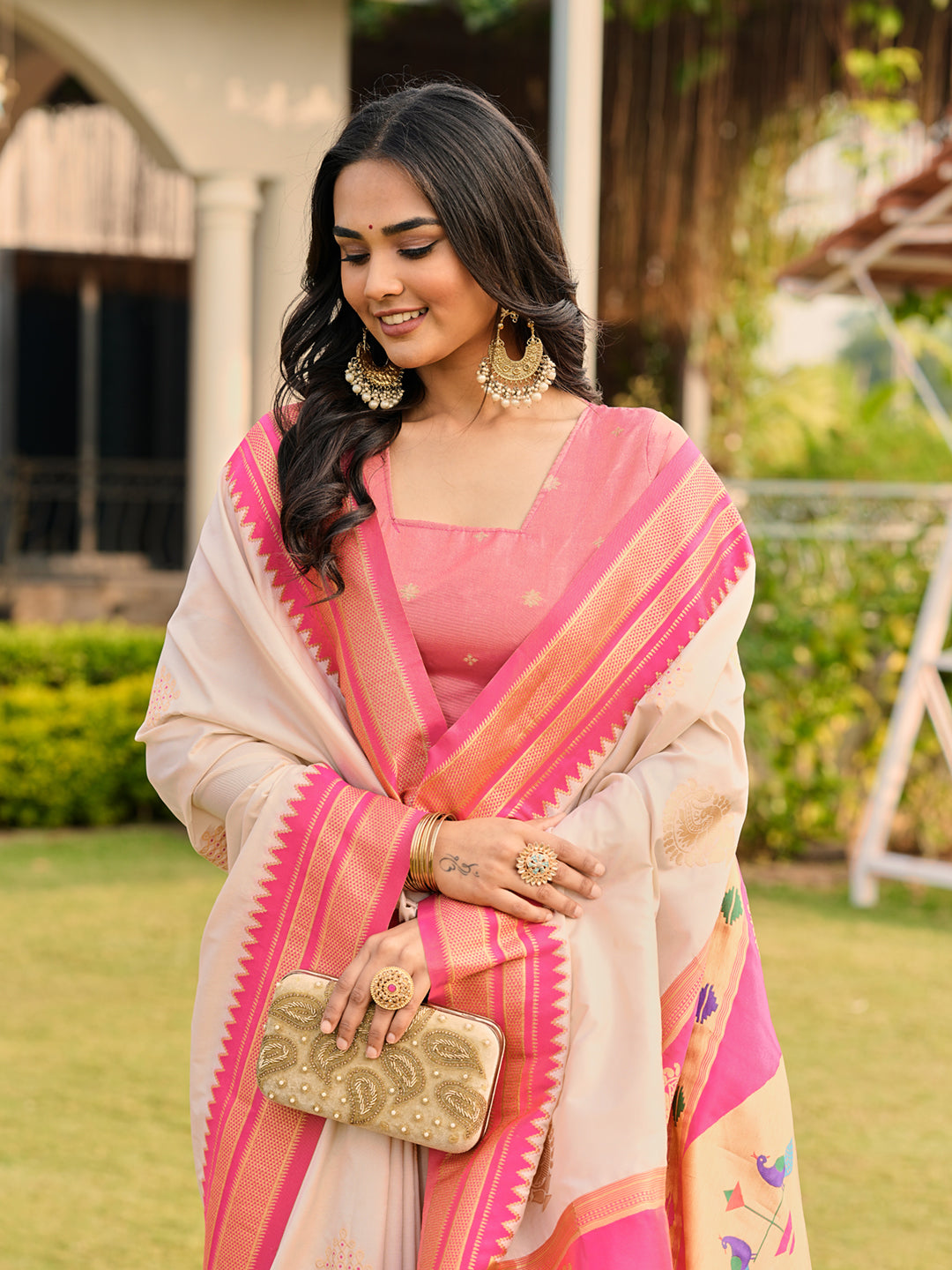 Cream Soft Ikkal Silk Zari Woven Kolam Pattern Saree with Paithani Pallu