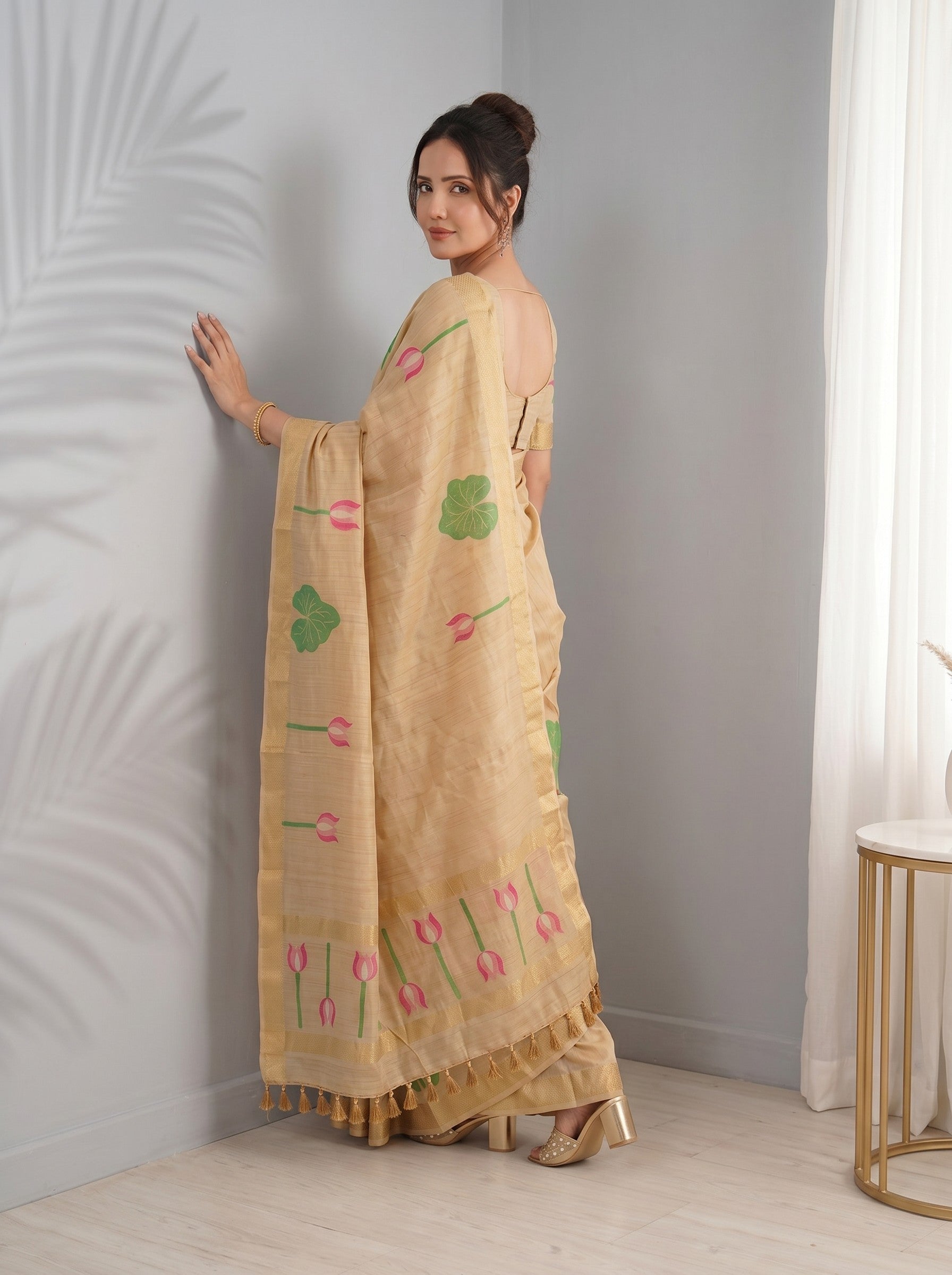 Chikoo Premium Soft Linen Cotton with Lotus &amp; Leafs Pattern Saree