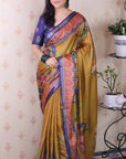 Gold Tussar Silk Traditional Printed Saree with Zari Border