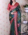Bottle Green Tussar Silk Traditional Printed Saree with Zari Border