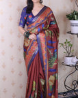 Maroon Tussar Silk Traditional Printed Saree with Zari Border