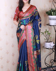 Navy Blue Tussar Silk Traditional Printed Saree with Zari Border