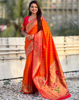 Orange Bandhani Weaves Silk Saree with Paithani Border & Pallu