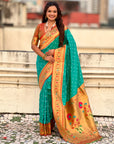Aqua Blue Bandhani Weaves Silk Saree with Paithani Border & Pallu