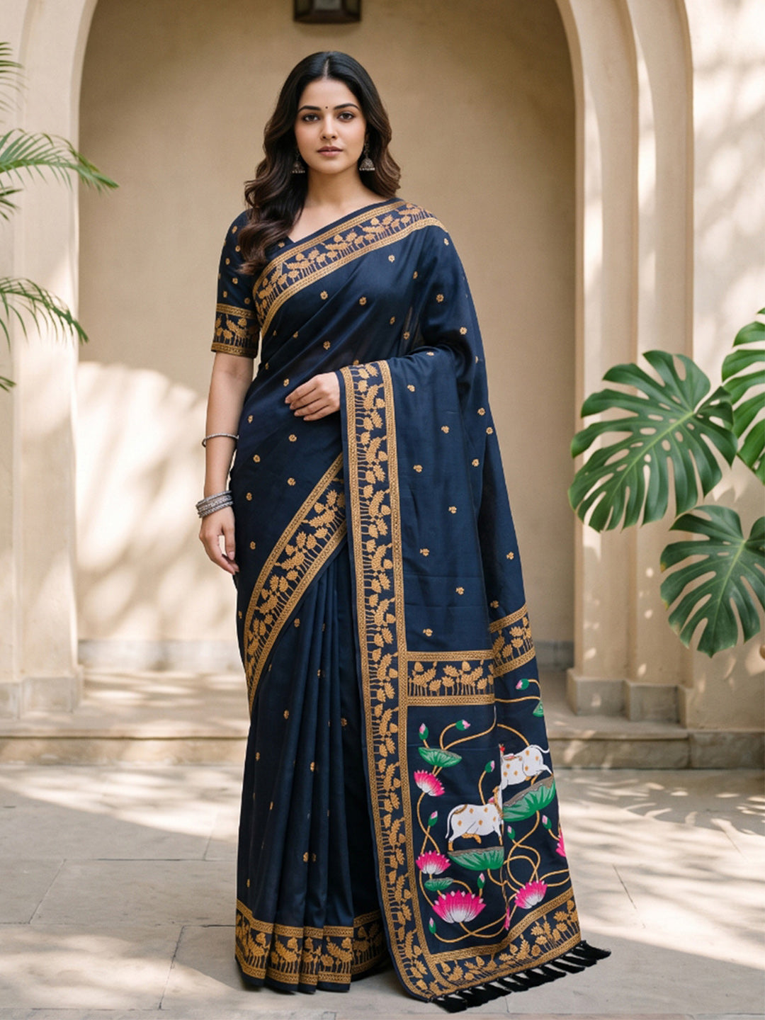 Black Soft Zari Woven Saree with Lotus Pichwai Concept Pallu