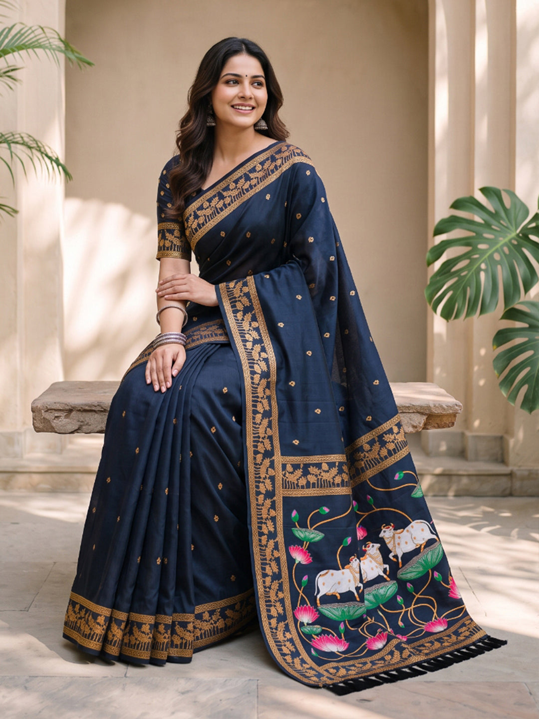 Black Soft Zari Woven Saree with Lotus Pichwai Concept Pallu
