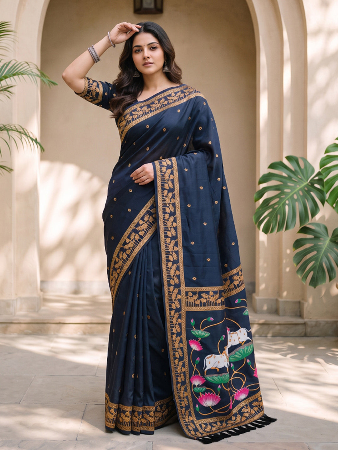 Black Soft Zari Woven Saree with Lotus Pichwai Concept Pallu