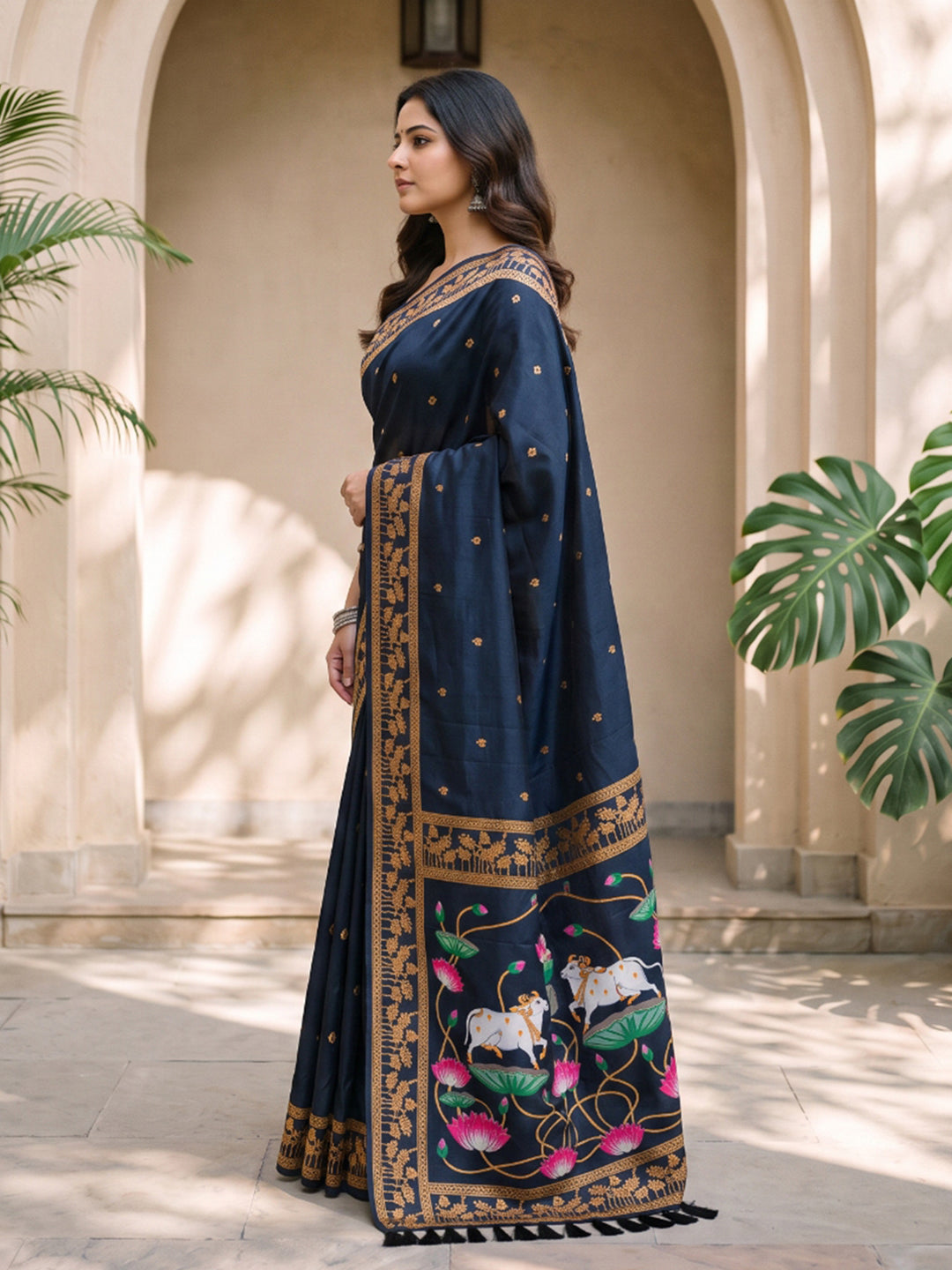 Black Soft Zari Woven Saree with Lotus Pichwai Concept Pallu