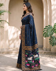 Black Soft Zari Woven Saree with Lotus Pichwai Concept Pallu