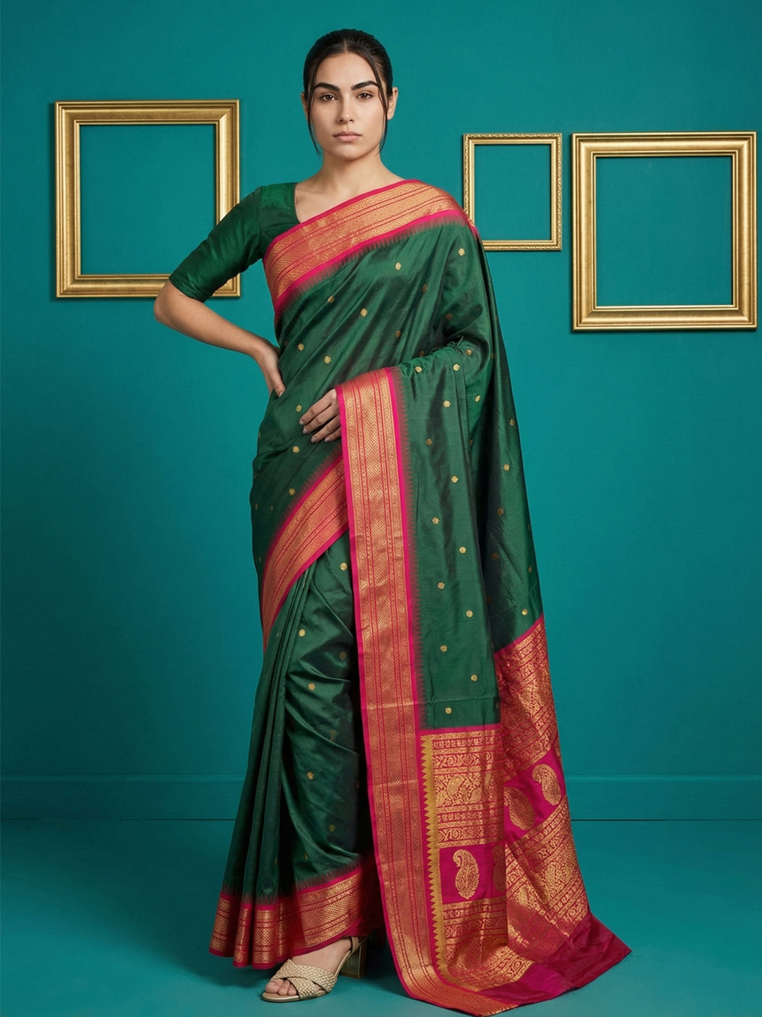 Bottle Green Premium Soft Gadwal Silk Zari Woven Saree