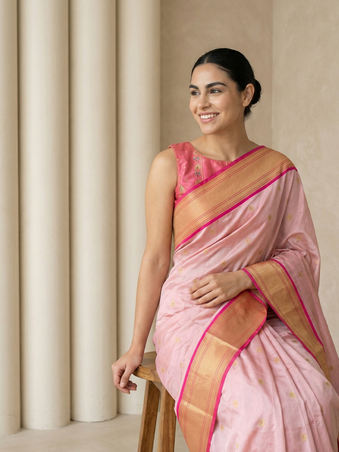 Baby Pink Soft Paithani Silk Zari Woven Saree with Peacock Pallu