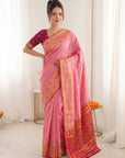 Baby Pink Premium Soft Silk Zari Woven with Ikkat Patola Fusion Saree