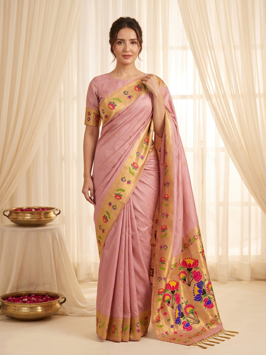 Baby Pink Premium Soft Brocade Tissue Paithani Silk Saree