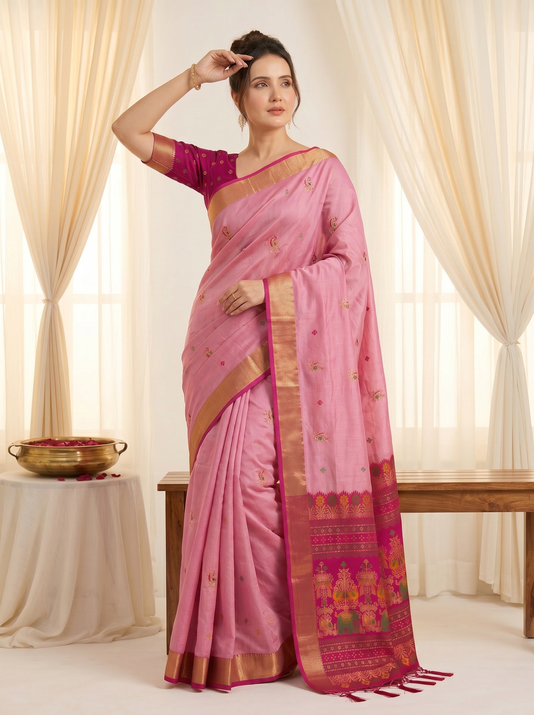 Baby Pink Traditional Soft Silk Saree with Floral &amp; Peacock Pattern Saree