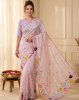 Baby Pink Premium Tissue Silk Saree with Multi Threadwork