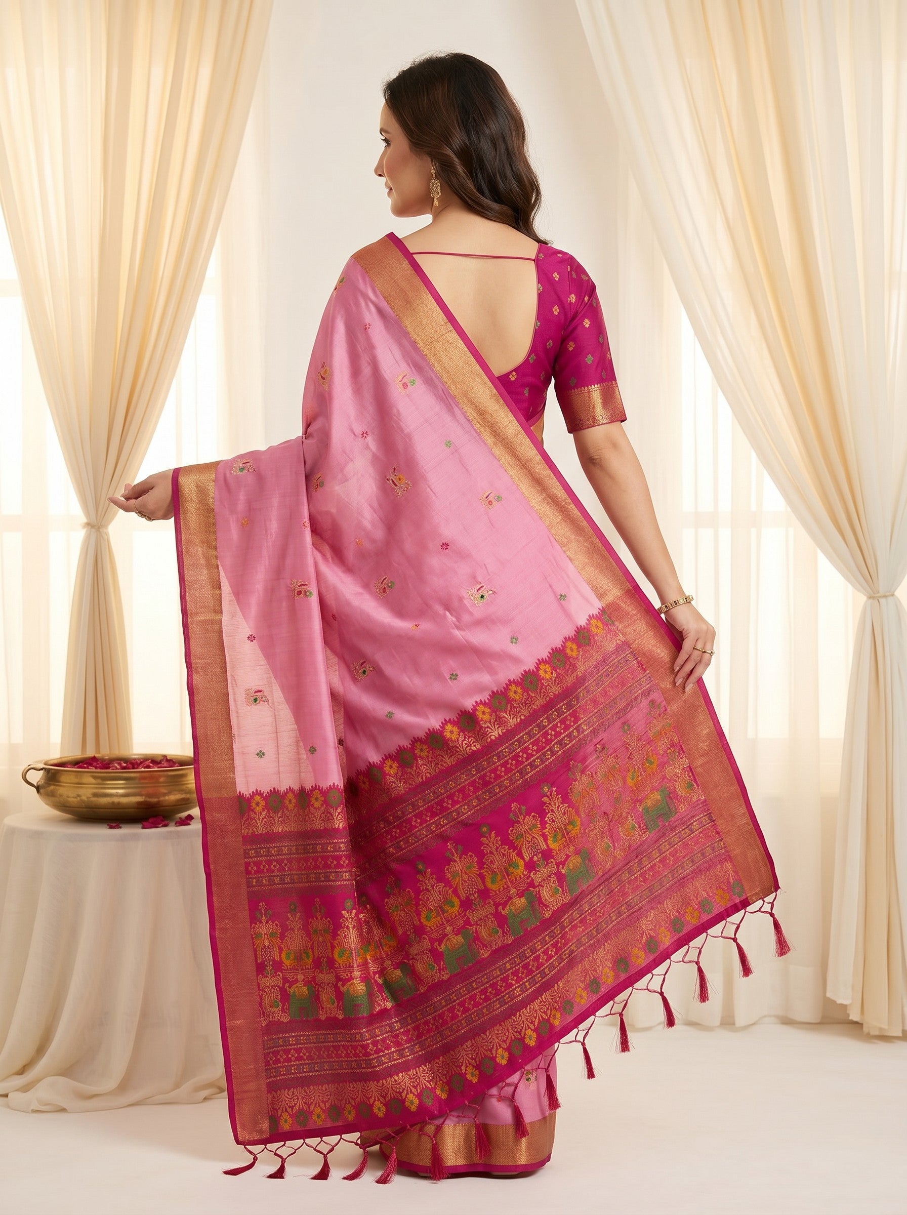 Baby Pink Traditional Soft Silk Saree with Floral &amp; Peacock Pattern Saree