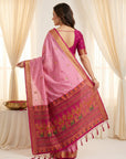Baby Pink Traditional Soft Silk Saree with Floral & Peacock Pattern Saree