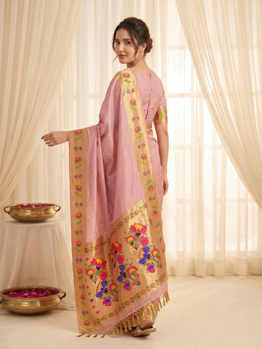 Baby Pink Premium Soft Brocade Tissue Paithani Silk Saree