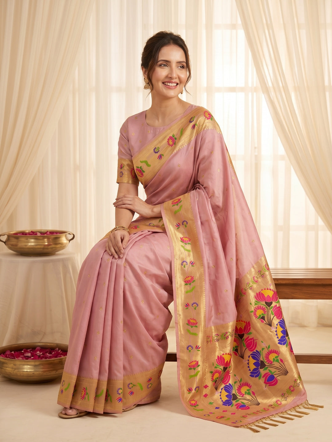 Baby Pink Premium Soft Brocade Tissue Paithani Silk Saree
