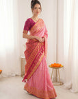 Baby Pink Premium Soft Silk Zari Woven with Ikkat Patola Fusion Saree