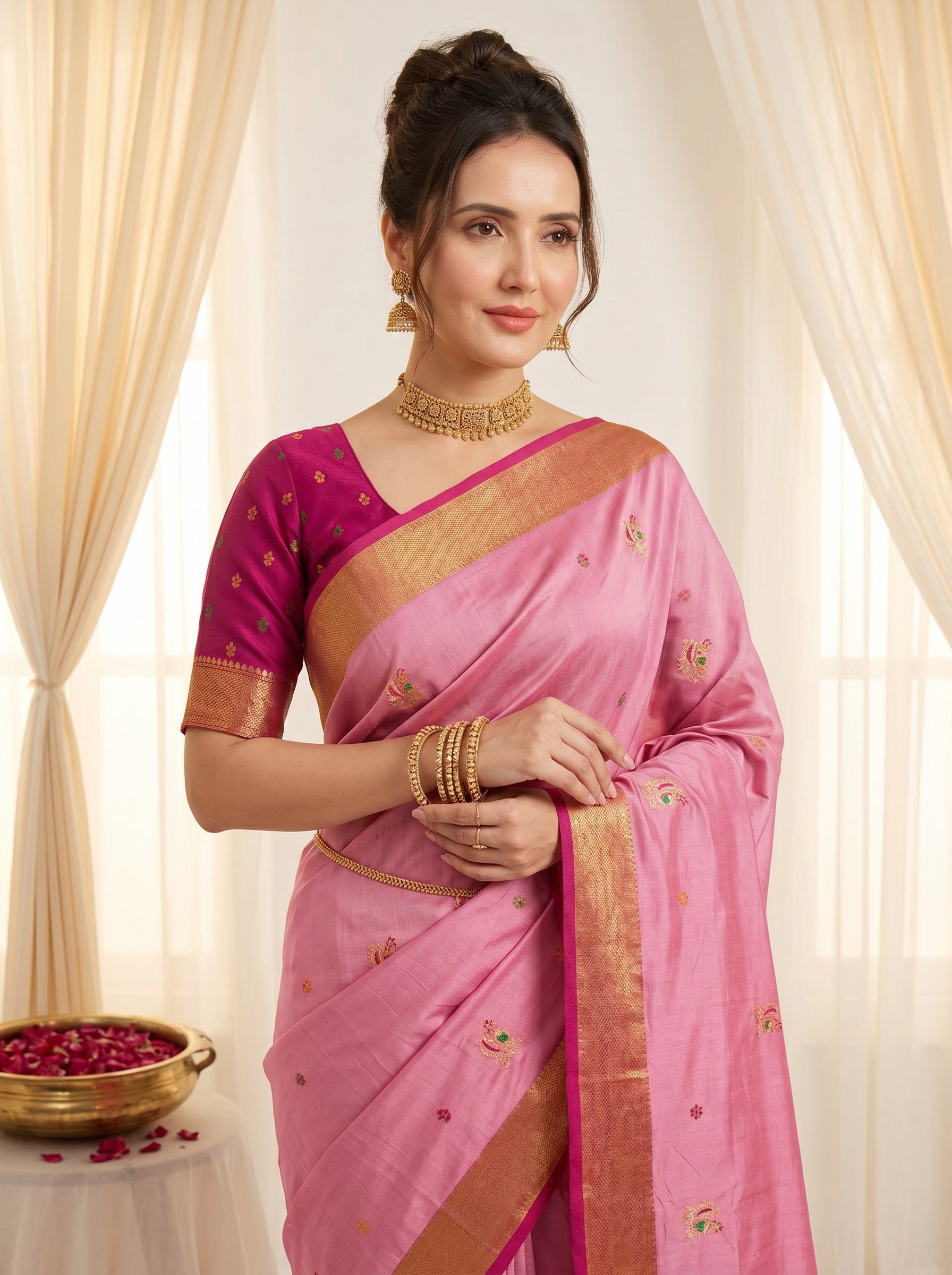 Baby Pink Traditional Soft Silk Saree with Floral &amp; Peacock Pattern Saree