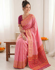 Baby Pink Premium Soft Silk Zari Woven with Ikkat Patola Fusion Saree