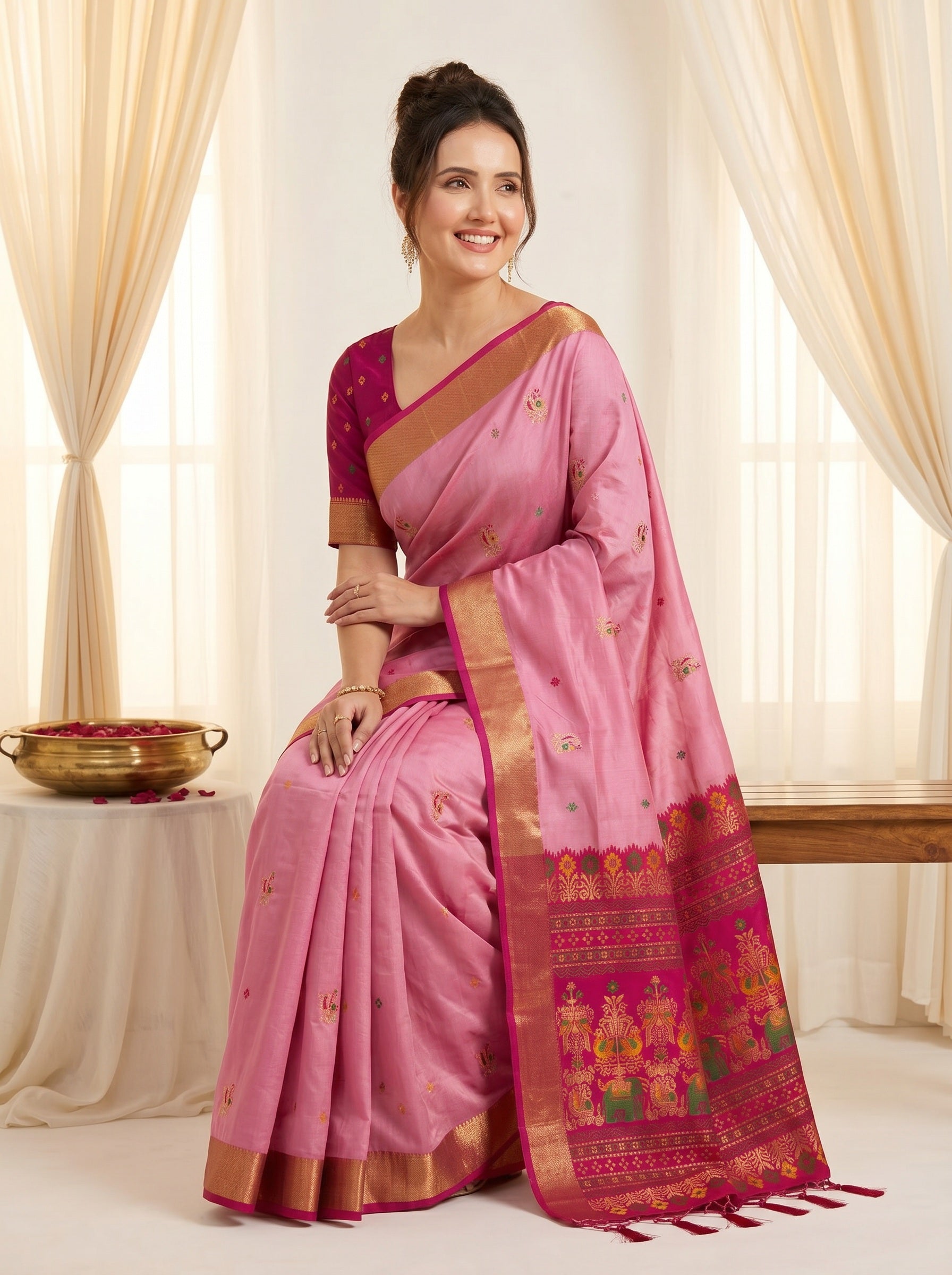 Baby Pink Traditional Soft Silk Saree with Floral &amp; Peacock Pattern Saree