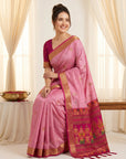Baby Pink Traditional Soft Silk Saree with Floral & Peacock Pattern Saree
