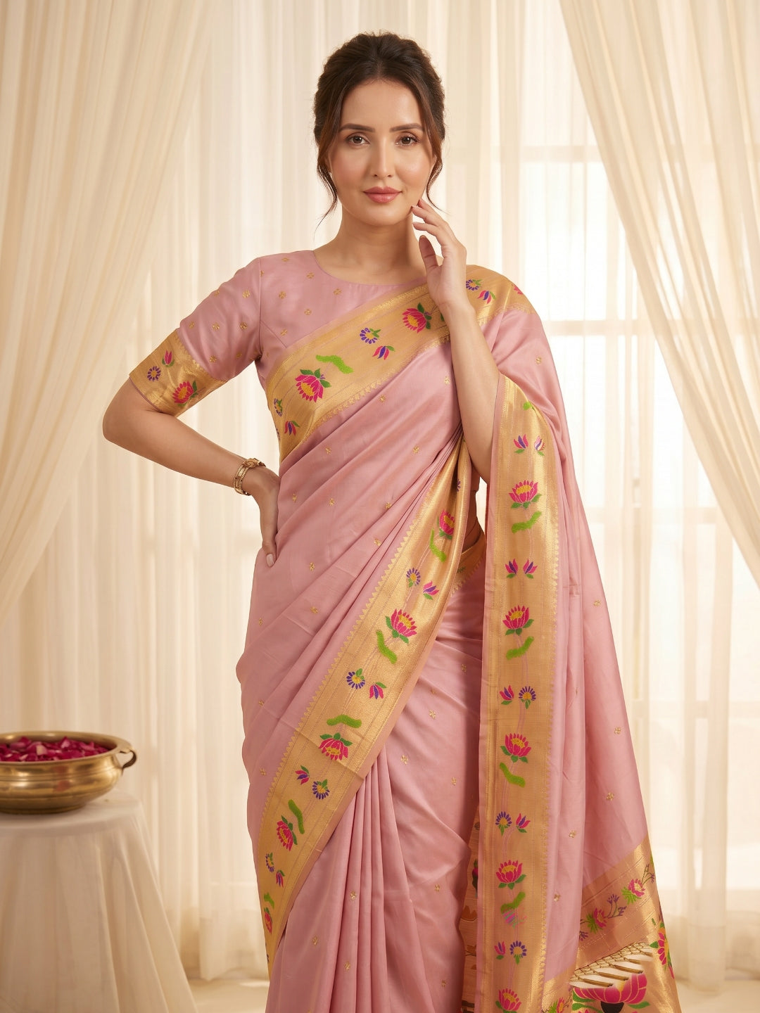 Baby Pink Premium Soft Brocade Tissue Paithani Silk Saree