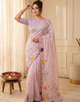 Baby Pink Premium Tissue Silk Saree with Multi Threadwork