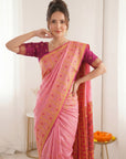 Baby Pink Premium Soft Silk Zari Woven with Ikkat Patola Fusion Saree