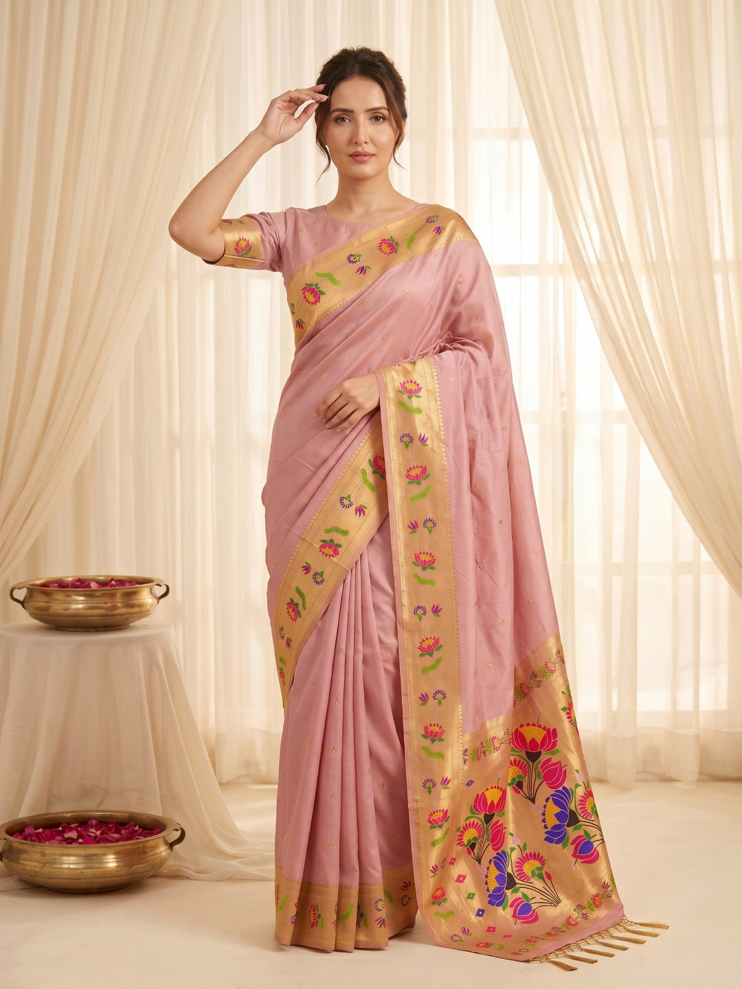 Baby Pink Premium Soft Brocade Tissue Paithani Silk Saree