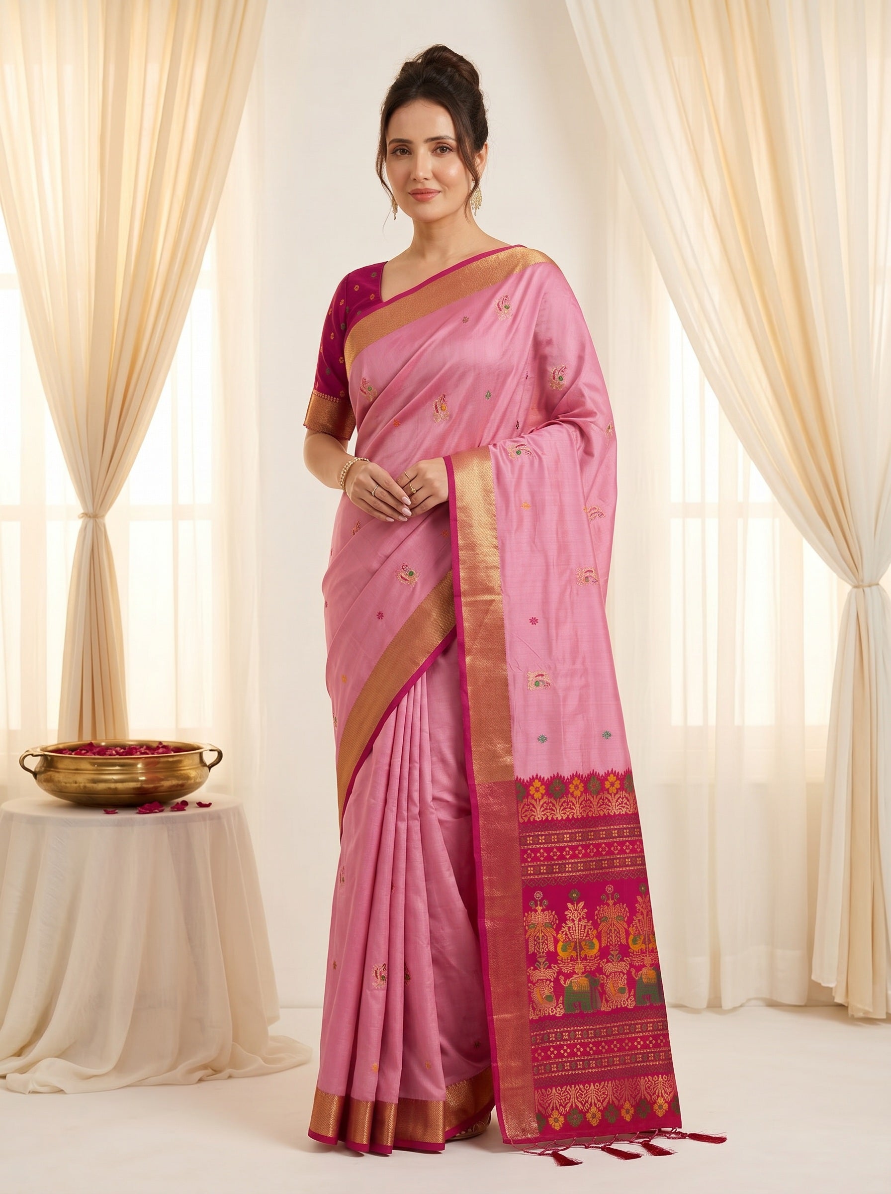 Baby Pink Traditional Soft Silk Saree with Floral &amp; Peacock Pattern Saree