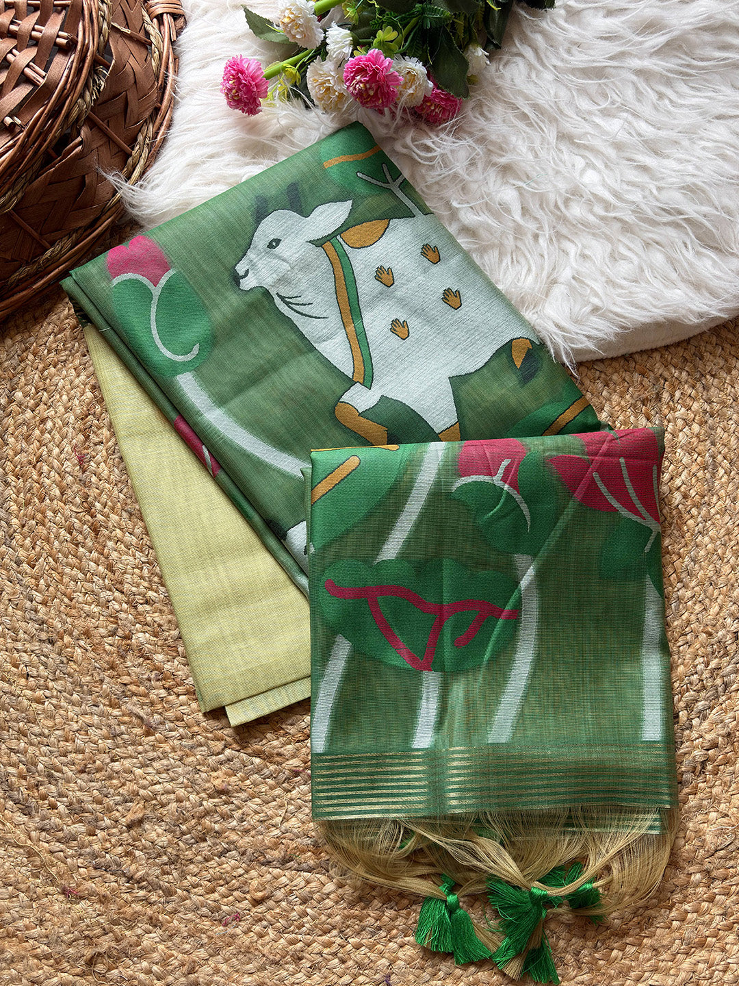 Green fabric with deer design on a textured surface