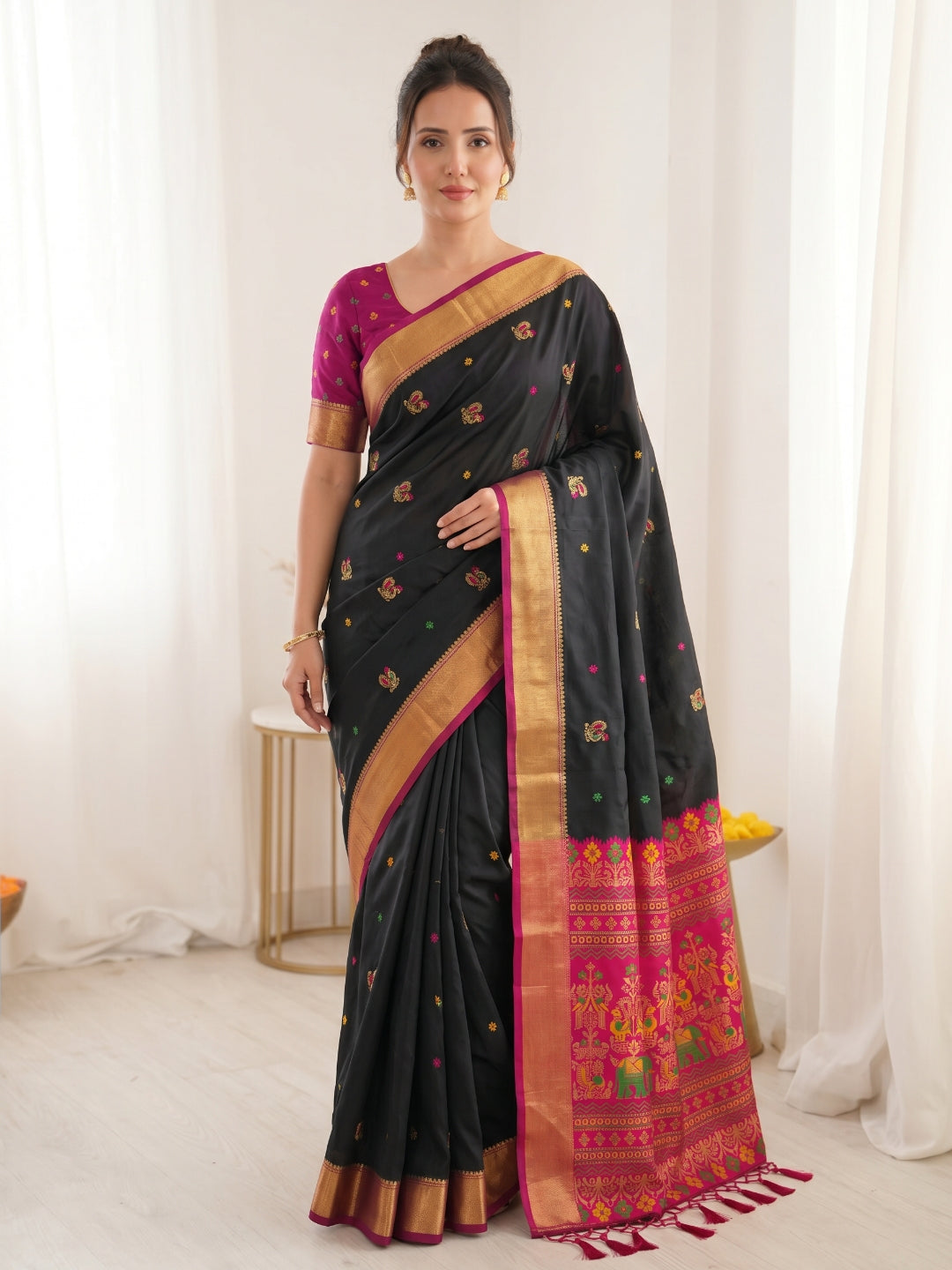 Black Traditional Soft Silk Saree with Floral &amp; Peacock Pattern Saree