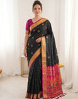 Black Traditional Soft Silk Saree with Floral & Peacock Pattern Saree